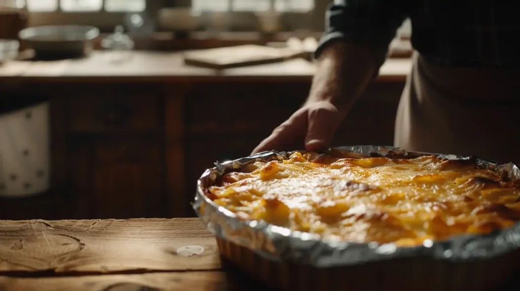 A close-up of a perfectly baked lasagna in a baking dish, with golden, bubbly cheese on top, placed on a wooden table