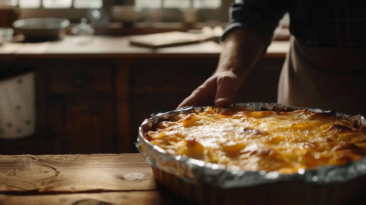 A close-up of a perfectly baked lasagna in a baking dish, with golden, bubbly cheese on top, placed on a wooden table