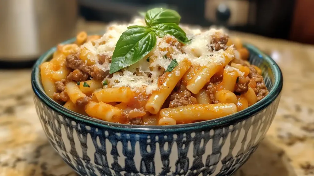 A steaming bowl of pasta topped with freshly grated cheese and basil leaves, placed on a rustic farmhouse kitchen table.