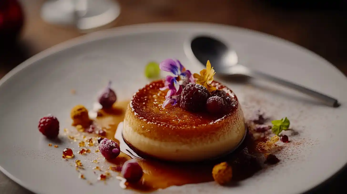 beautifully plated crème brûlée with garnishes like edible flowers and berries, a spoon cracking into the caramelized crust