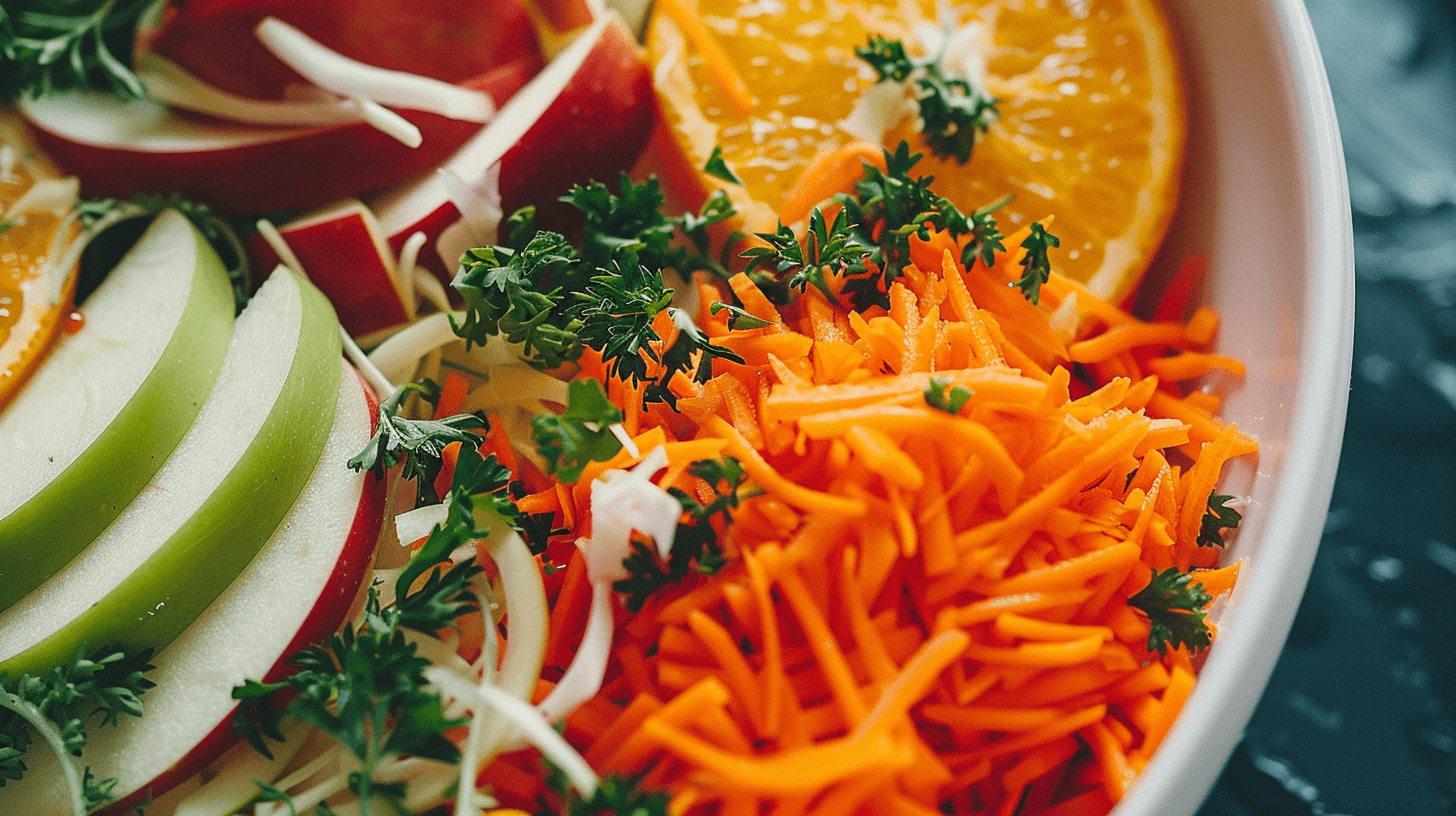 close-up shot of a salad bowl with grated carrots, apple slices, and orange wedges, garnished with fresh herbs.