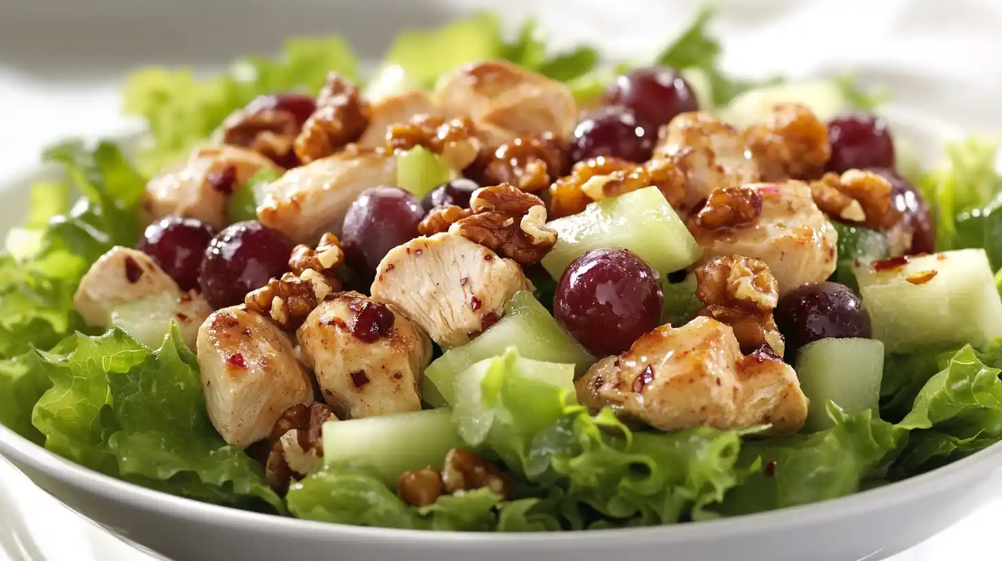 A beautifully plated bowl of chicken salad, showcasing fresh chicken chunks, grapes, walnuts, and celery on a light bed of lettuce.