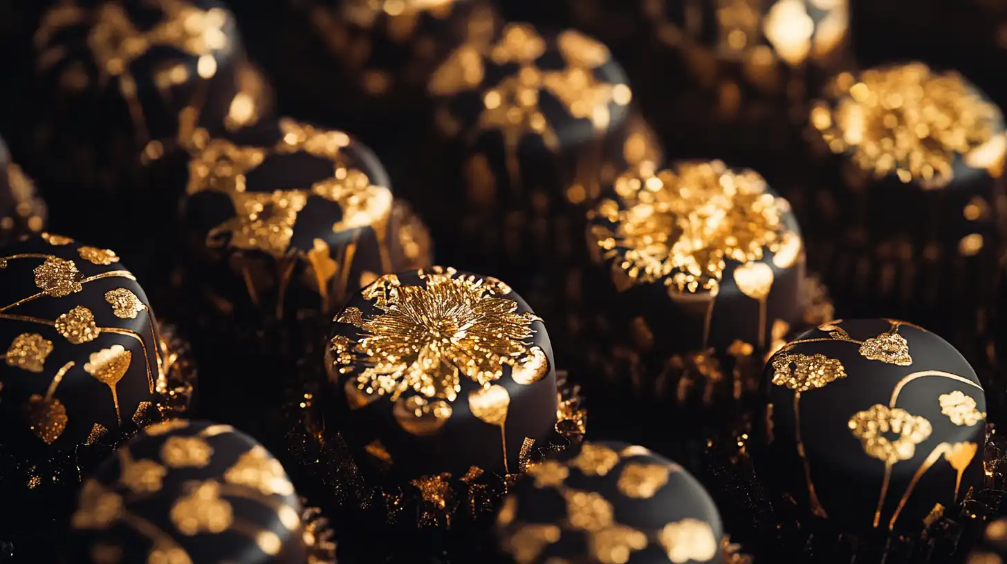 image of intricately decorated chocolates infused with gold flakes, wrapped in lavish