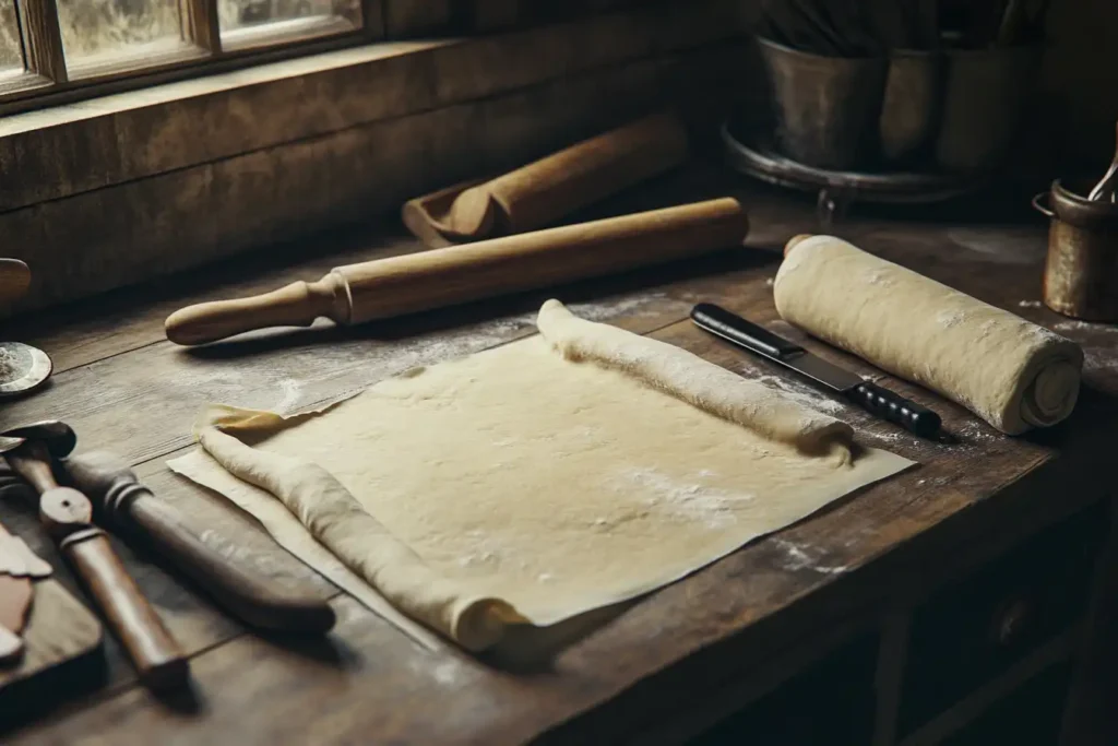 A realistic and high-quality photo of a kitchen setup featuring rolling pins, utensils, and parchment paper, with dough partially rolled out for Gipfeli Recipe