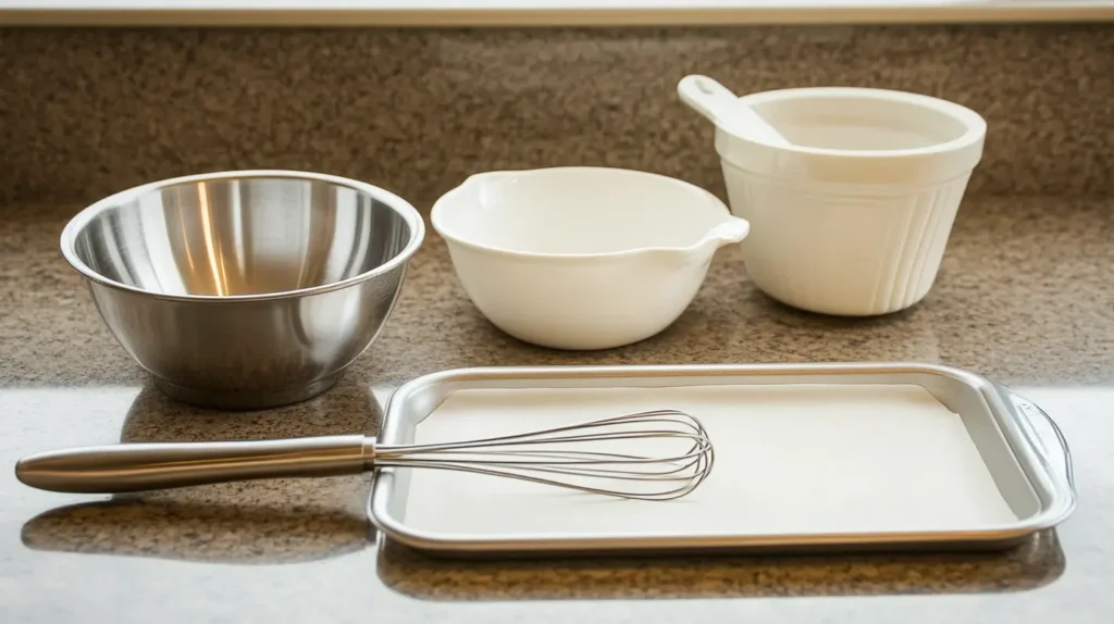 A photo of essential baking tools, including a whisk, spatula, parchment-lined pan, and mixing bowls, neatly arranged on a countertop