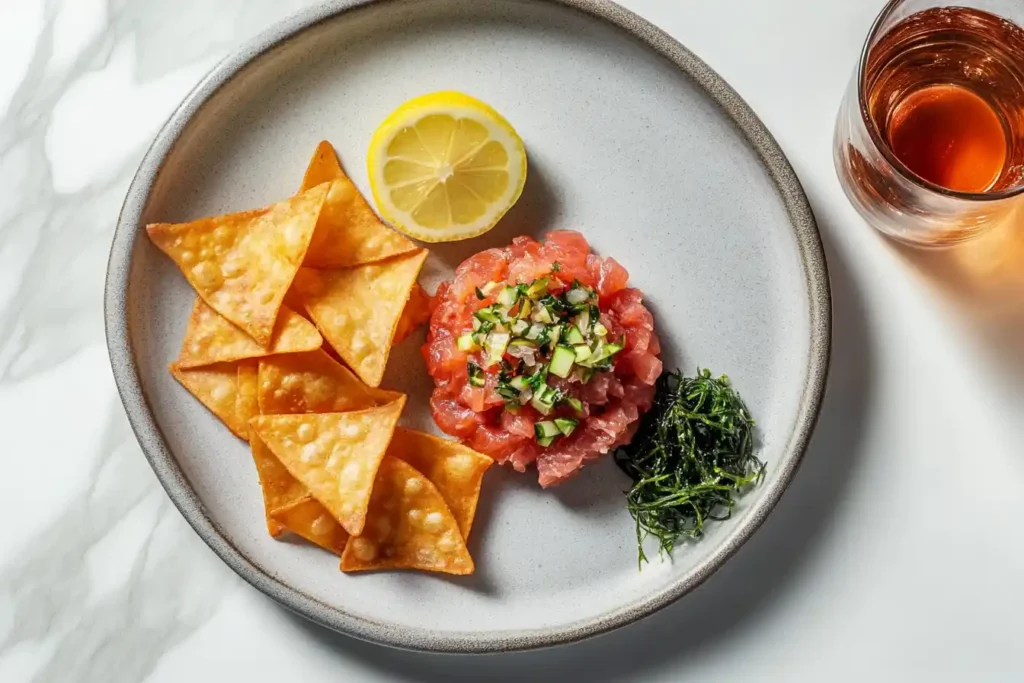 A styled flat-lay photo of a complete meal featuring tuna tartare, crispy wonton chips, a small seaweed salad on the side, and a glass of lemon Juice