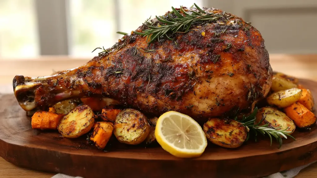 Roasted turkey leg with crispy golden-brown skin, garnished with fresh rosemary, thyme, and lemon slices, served on a rustic wooden plate with roasted vegetables in a cozy kitchen setting.