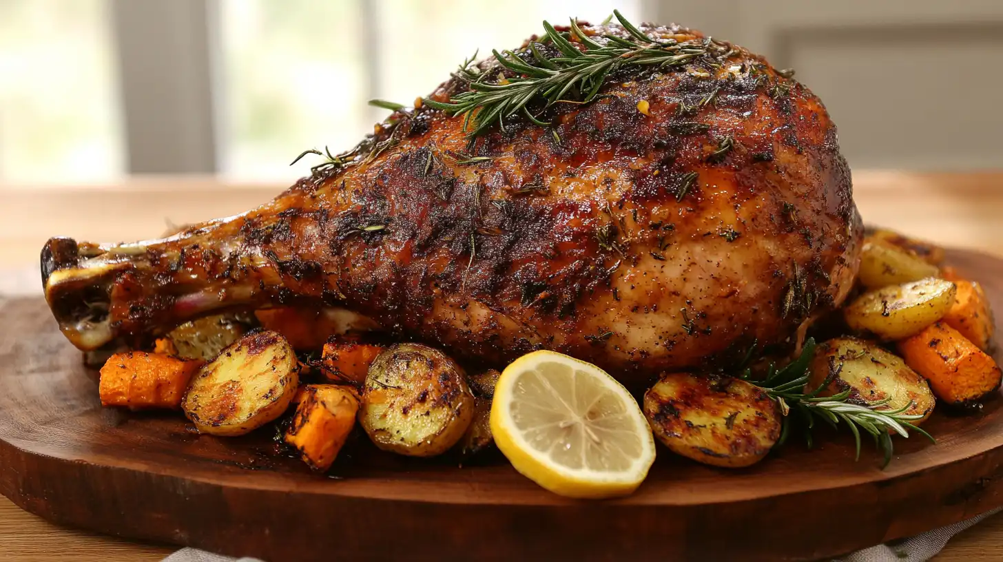 Roasted turkey leg with crispy golden-brown skin, garnished with fresh rosemary, thyme, and lemon slices, served on a rustic wooden plate with roasted vegetables in a cozy kitchen setting.