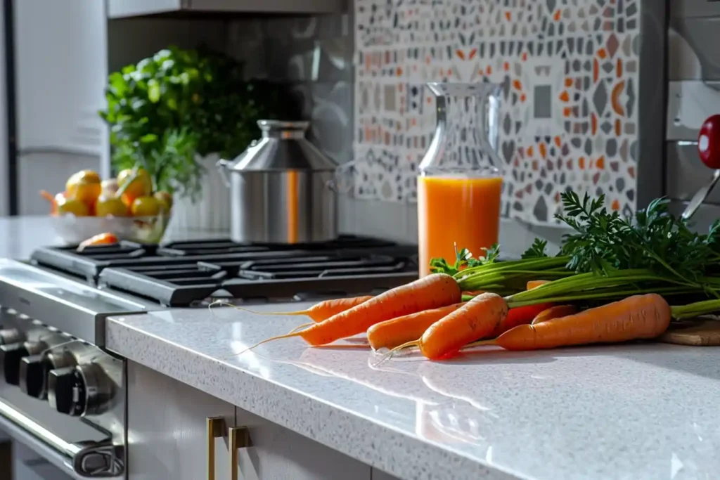 Fresh carrots and a glass of carrot juice on a kitchen countertop.