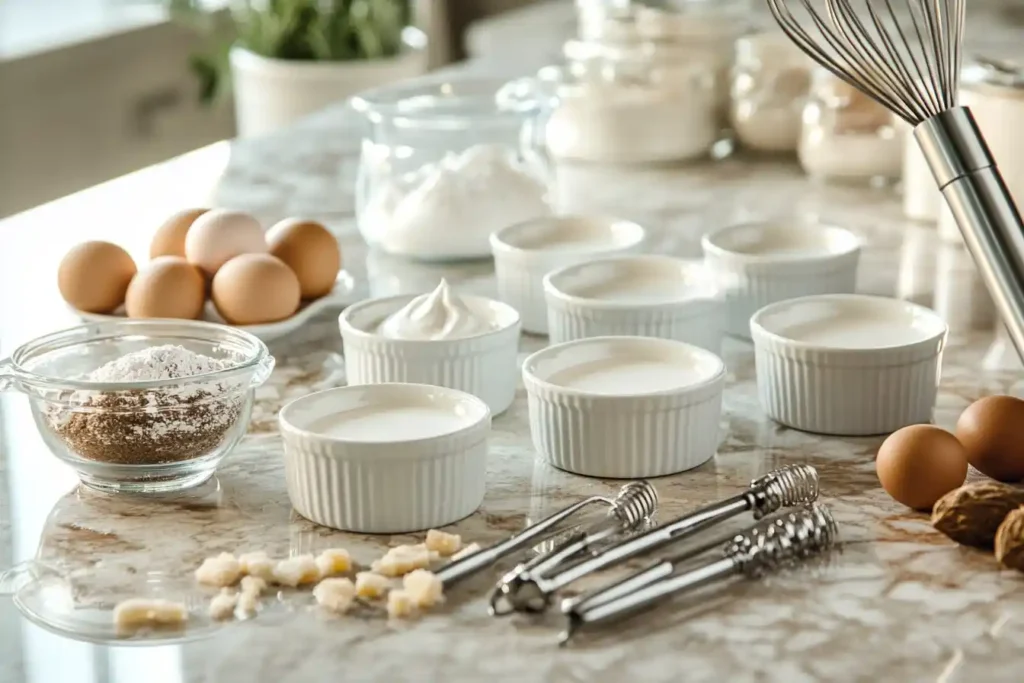 Arrange ramekins, a whisk, a torch, and other tools on a kitchen countertop with ingredients around them (e.g., cream, eggs, and sugar).