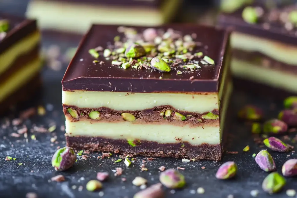 A close-up shot of the Knafeh Pistachio Chocolate Bar, showing its layers of pistachios and knafeh within the chocolate crust.