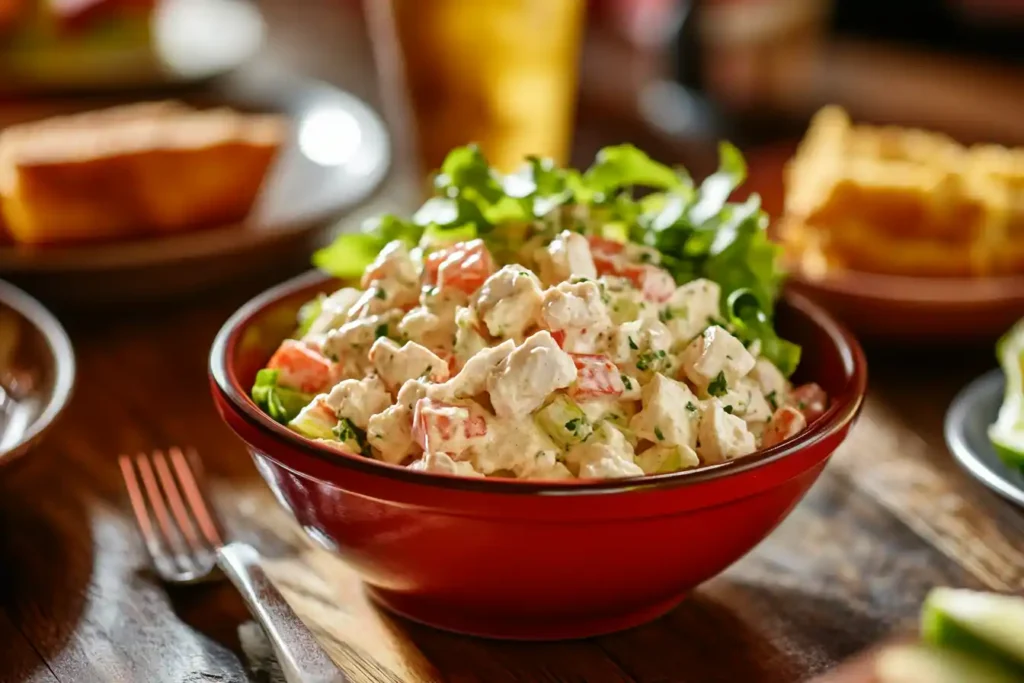 an image of a rustic kitchen table set with homemade chicken salad in a vibrant-red bowl. 