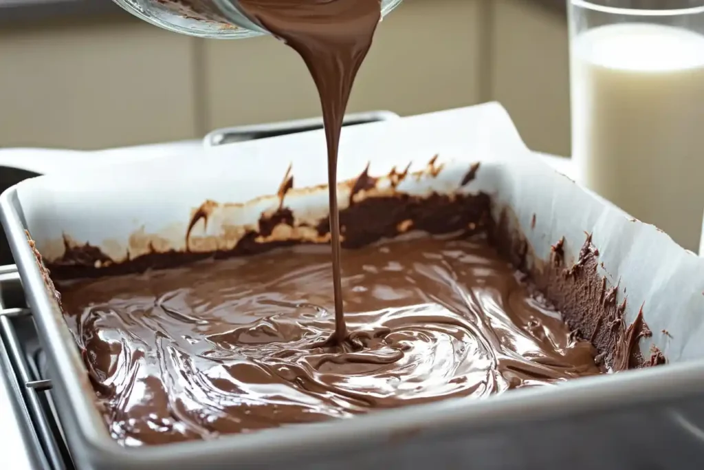 A glossy brownie batter being poured into a lined baking pan, with a glass of milk nearby.