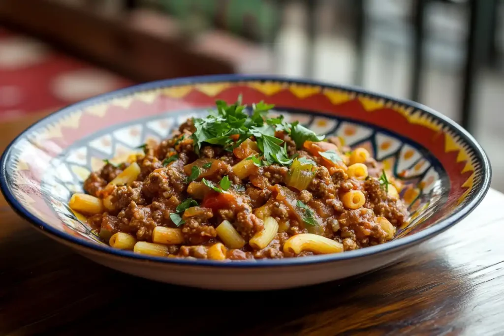 A plate of freshly made Beefaroni with elbow pasta, ground beef, and tomato-based sauce garnished with parsley.