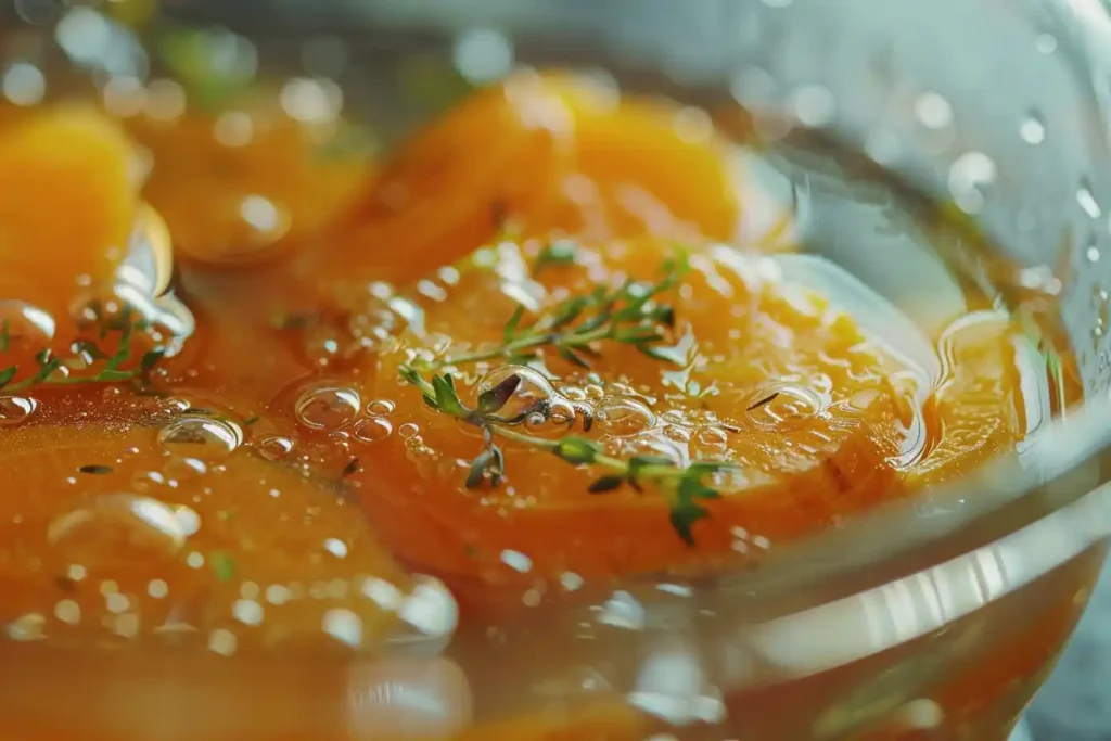 Close-up of freshly soaked carrots in a glass bowl of water.