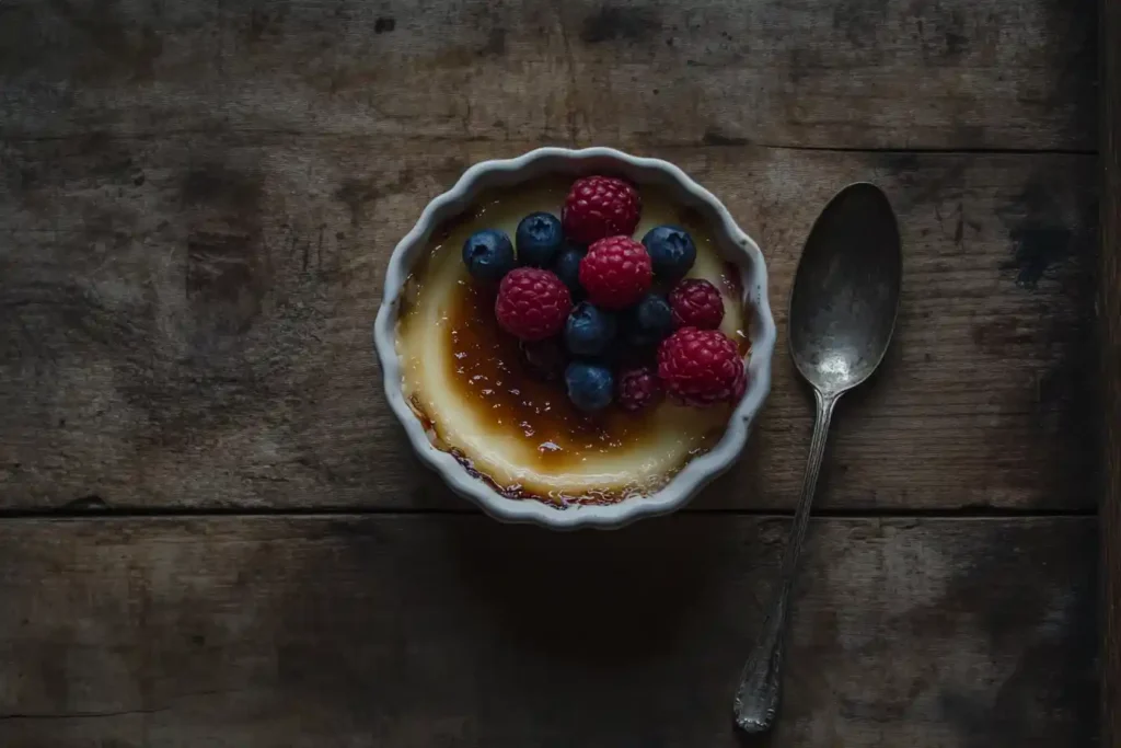 A beautifully presented crème brûlée in a white ramekin, adorned with fresh berries, and placed on a rustic wooden table. A delicate spoon rests beside it, with faint hints of caramelized sugar shards.