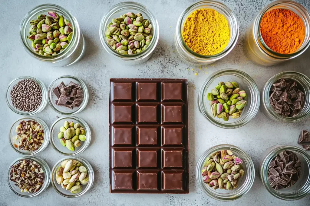 Flat-lay shot of essential ingredients used in Dubai’s chocolates—pistachios, saffron strands, knafeh, and tahini jars next to a chocolate bar in progress.