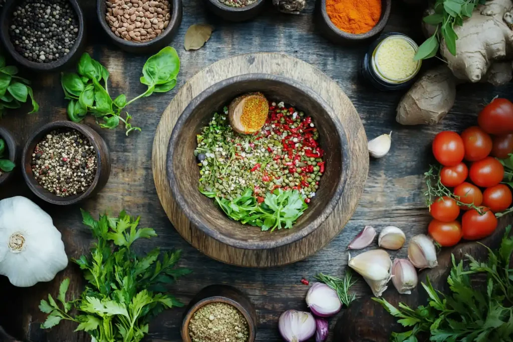 Showing an overhead view of the mixing bowl with ingredients placed beautifully around it in small containers featuring sharp red outlines to draw focus.