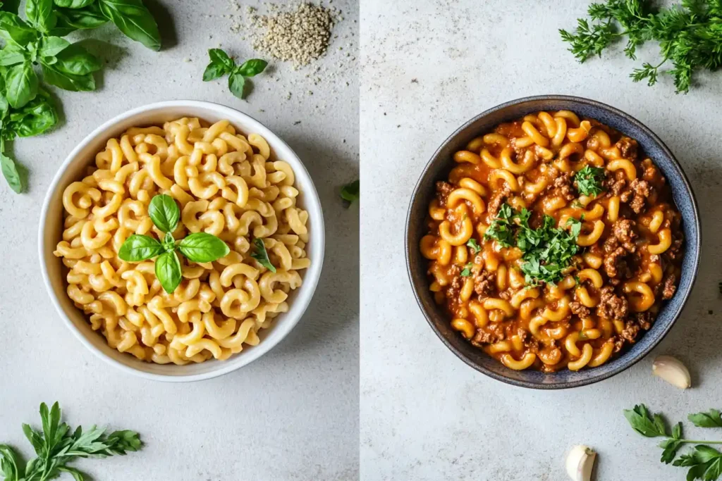 Side-by-side view of a regular canned Beefaroni and a gluten-free labeled version on a kitchen counter with fresh herbs.