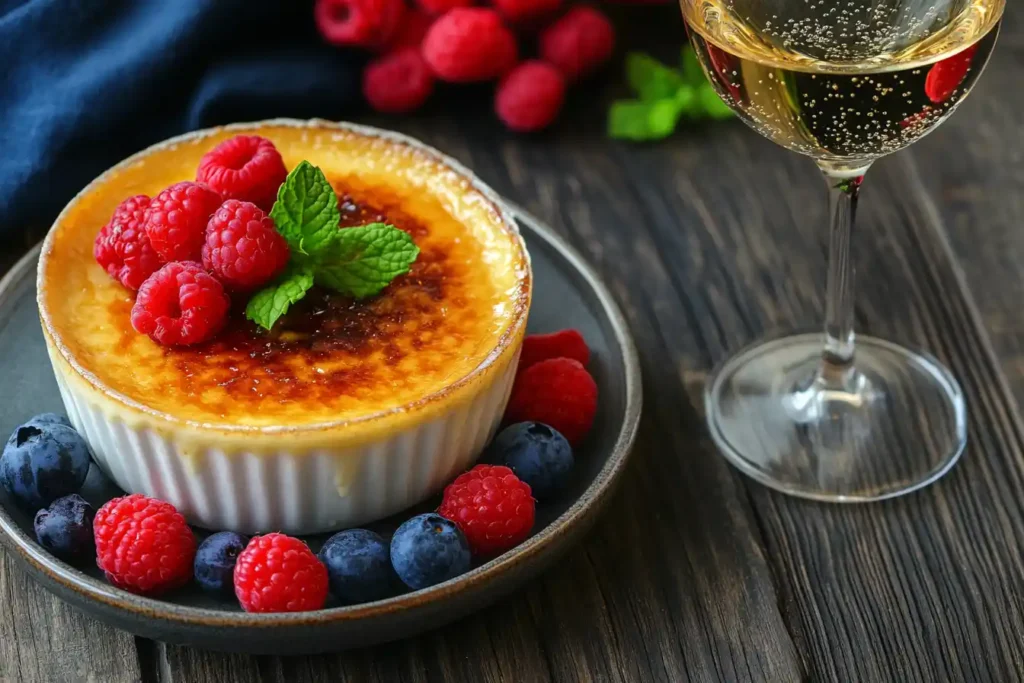 A vibrant pairing scene displaying crème brûlée with a sparkling wine glass, fresh berries, and a mint garnish on a rustic wooden table.