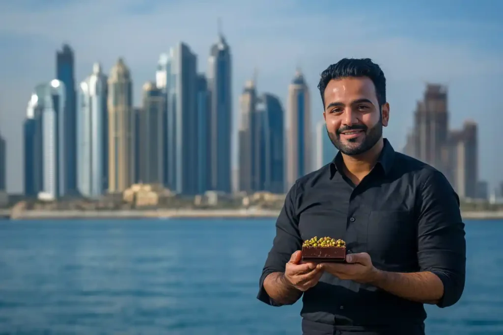 A portrait of FIX Dessert Chocolatier’s founder holding the Knafeh Pistachio Chocolate Bar against the Dubai skyline.