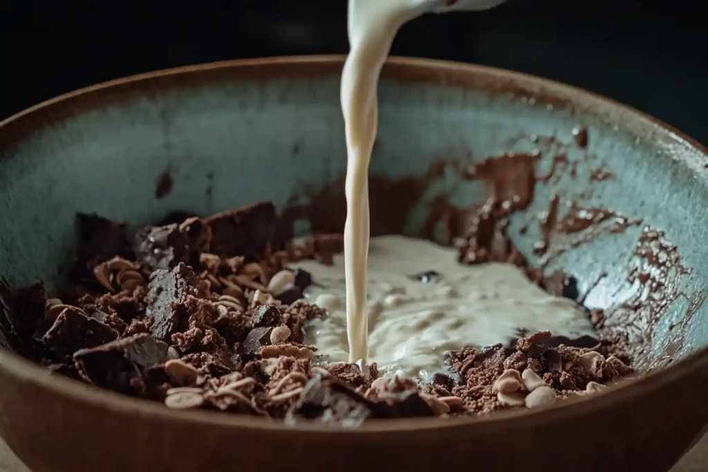 A styled, close-up image of milk being poured into a bowl of cake mix, showcasing the creamy texture and rich color of the batter.