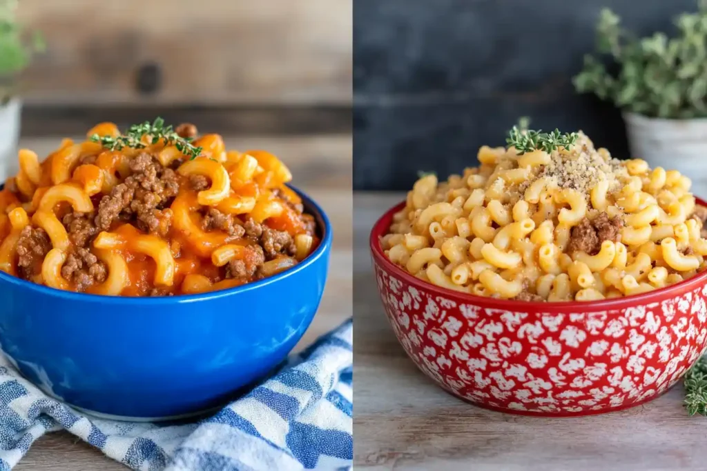 Regular Beefaroni served in a blue bowl next to gluten-free Beefaroni in a red-bordered dish.