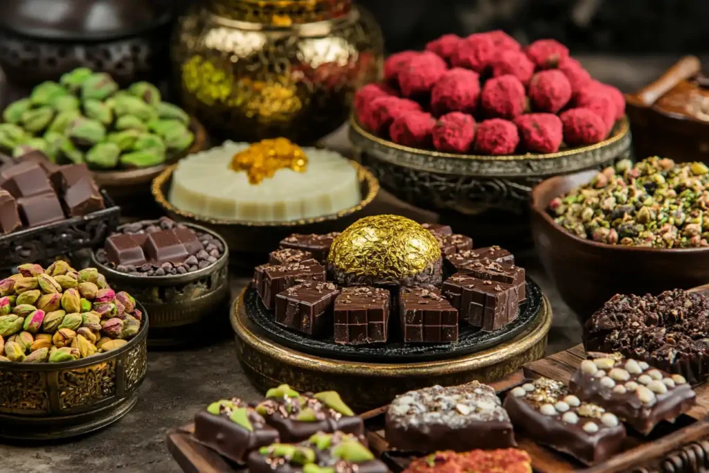 An array of Dubai chocolates showcasing pistachio, saffron, and gold leaf toppings, artfully presented on traditional Middle Eastern dishes.