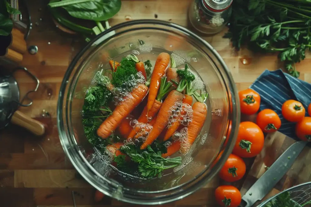 A step-by-step layout of soaking carrots in a clear bowl of water on a kitchen counter.