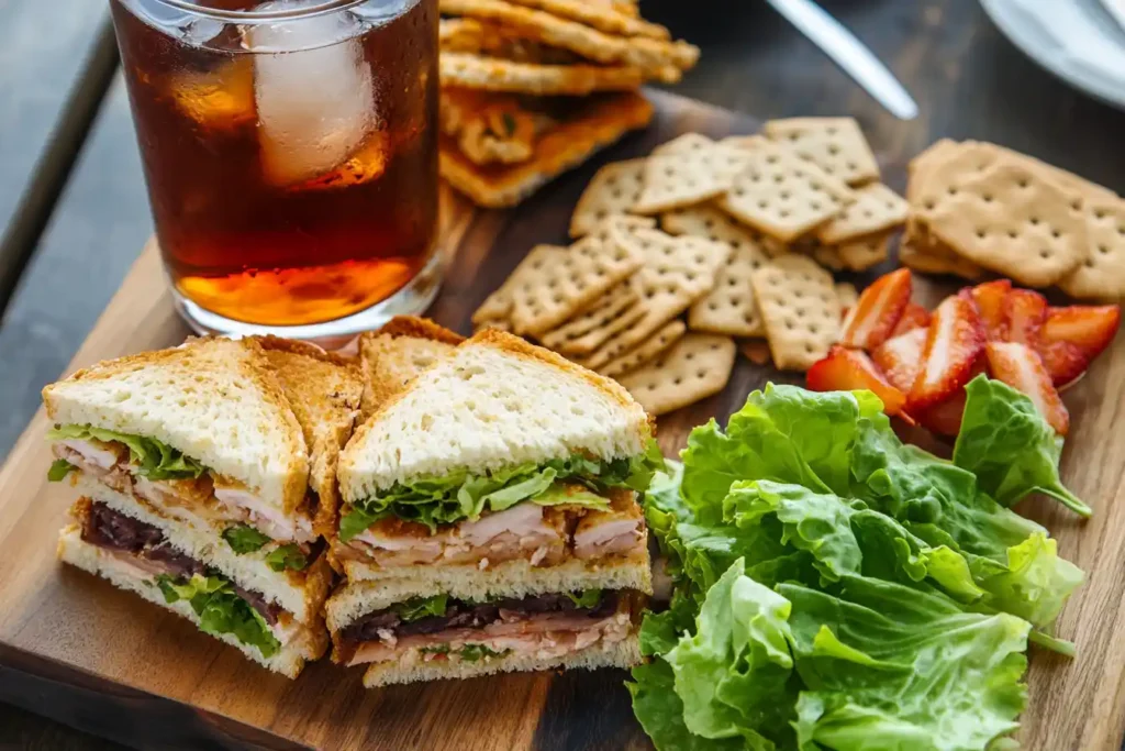 A beautifully styled wooden board with Sassy Scotty sandwiches, lettuce wraps, and cracker pairings, accompanied by a refreshing glass of iced tea.