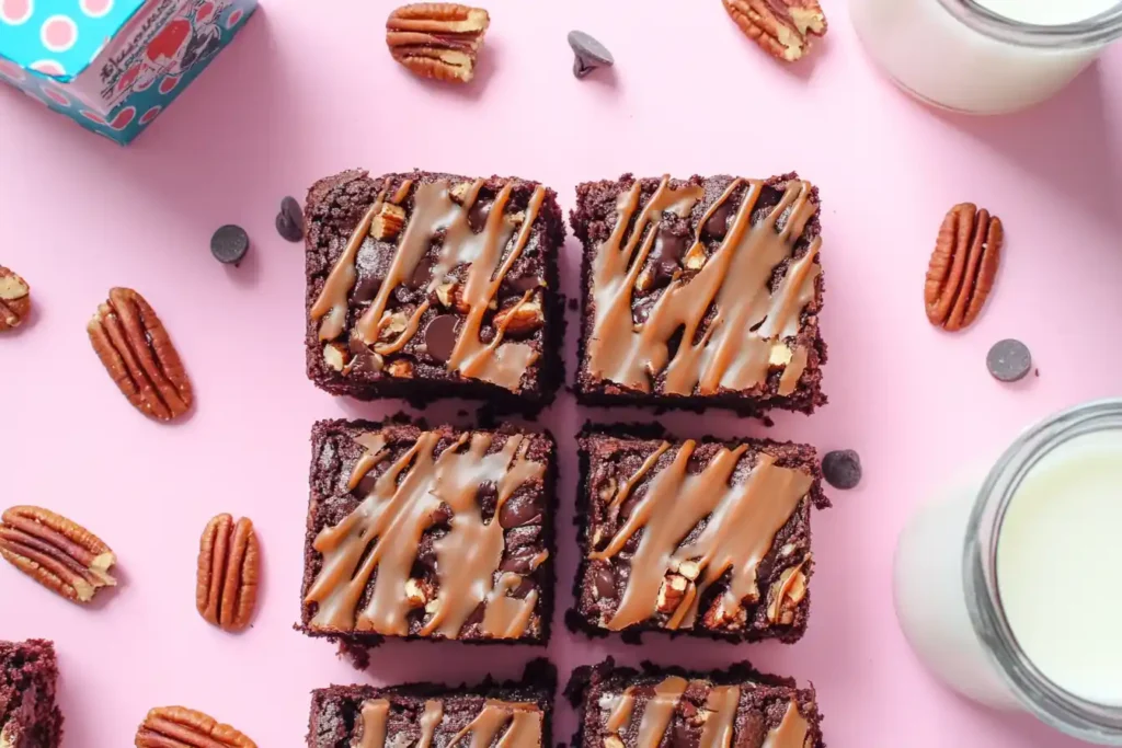 A colorful flat lay of cake with various mix-ins like chocolate chips, pecans, and caramel drizzles placed alongside a carton of milk.