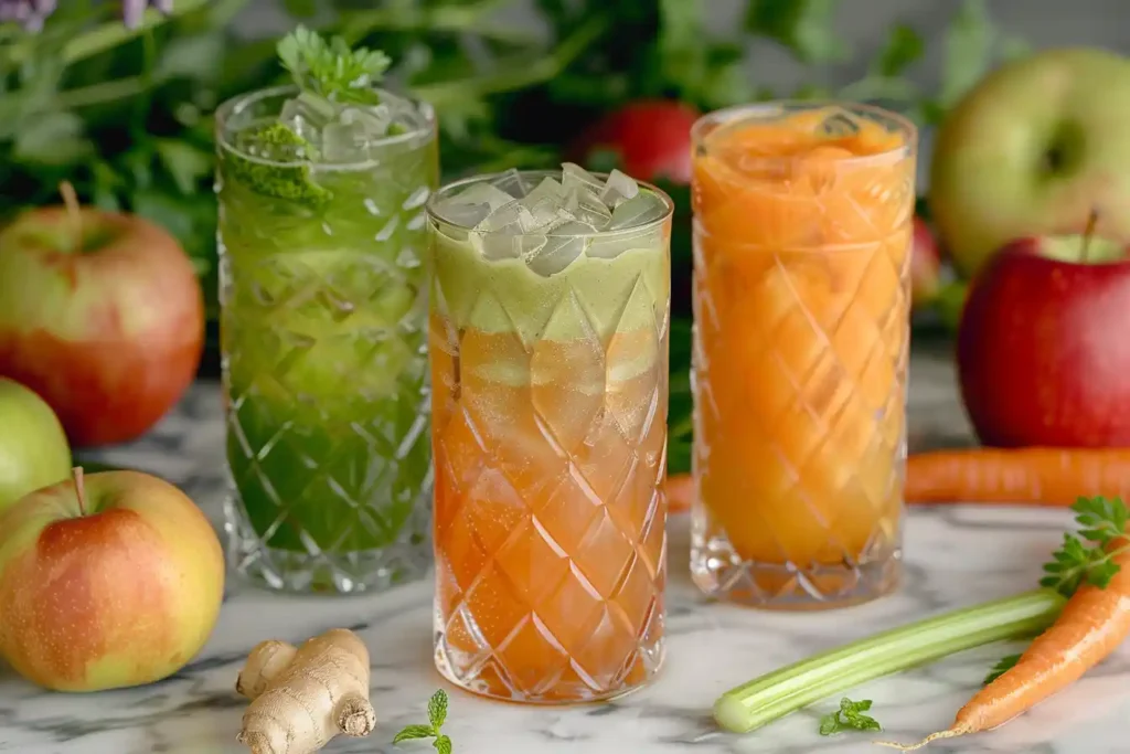 image featuring a glass of rainbow-colored carrot juice variations: Classic carrot, orange-ginger blend, and one with green celery.