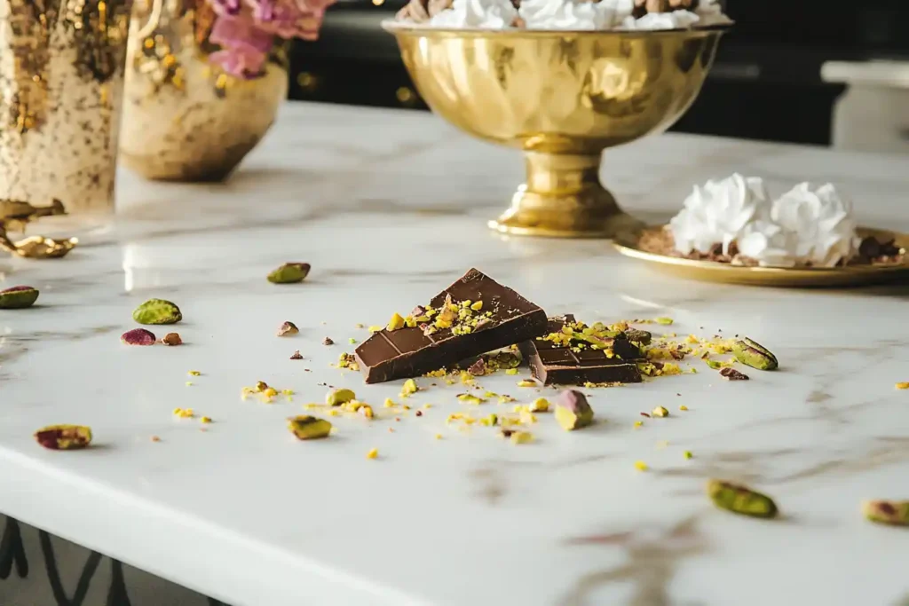 A beautifully staged DIY bar featuring pistachios and golden knafeh crumbs, placed on a marble surface with a hint of Middle Eastern décor in the backdrop.