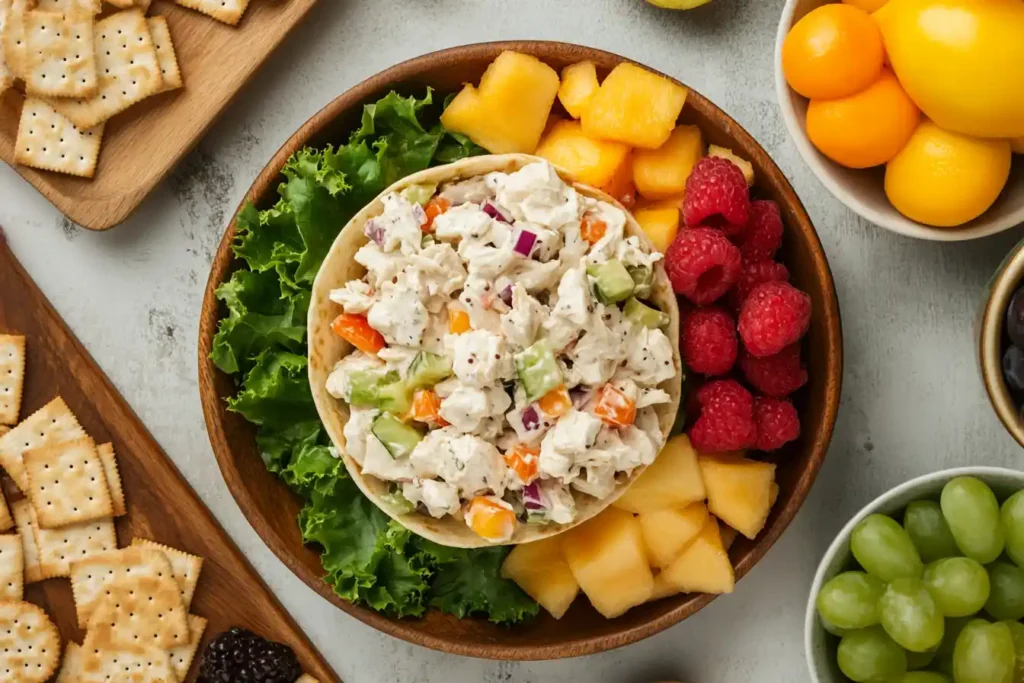 Showcase a top-down photo of the Sassy Scotty chicken salad served in a wrap with sides of fresh fruit and crackers for an appetizing meal.