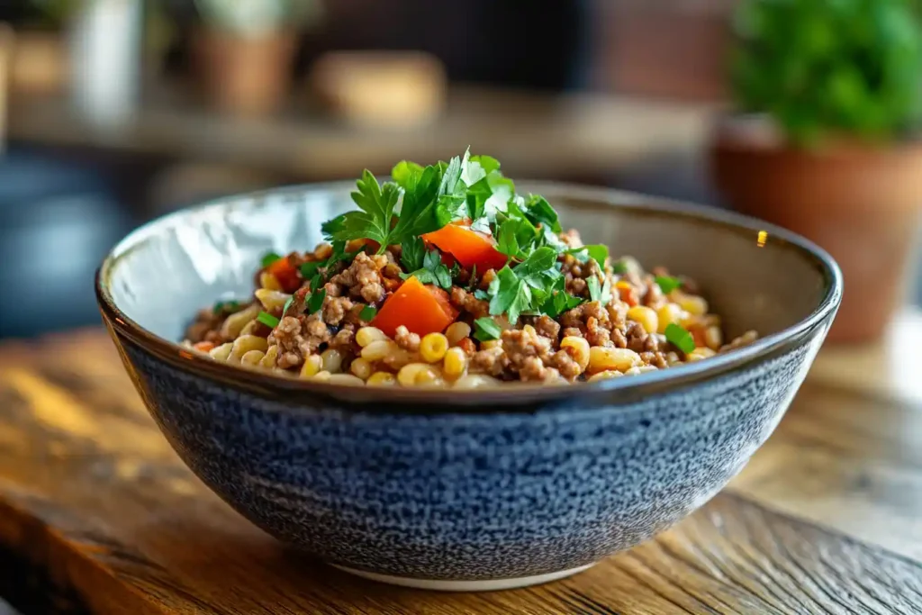 A rustic bowl of gluten-free Beefaroni with lentil pasta, ground beef, and parsley, served in a cozy kitchen setting.