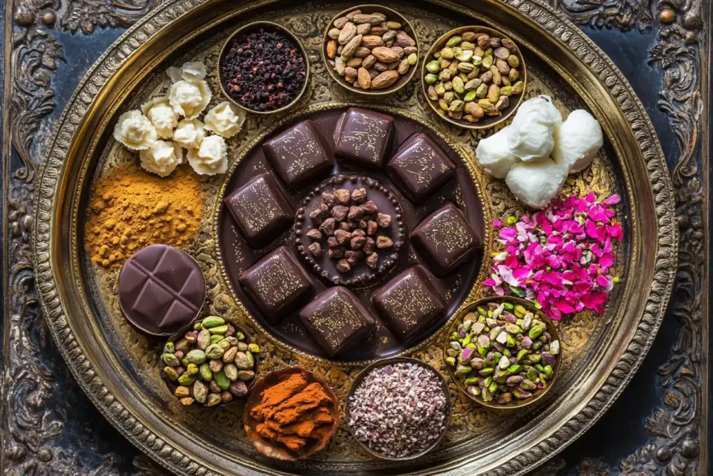 A luxurious flat-lay featuring chocolates arranged with Middle Eastern spices, knafeh, and pistachios on an ornate gold tray.