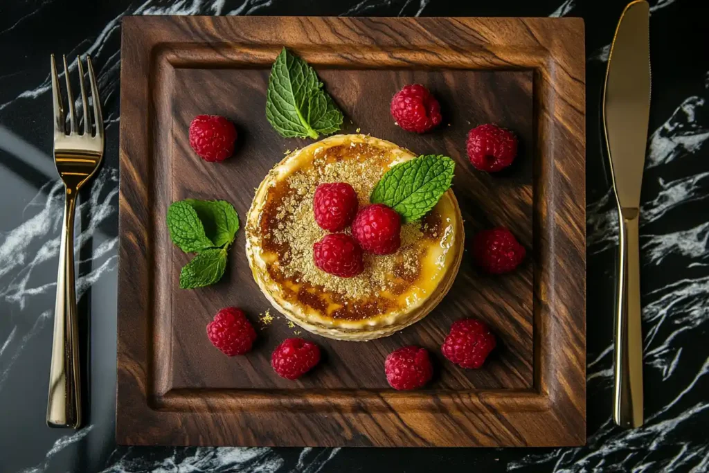 A beautifully plated crème brûlée with a golden crust, topped with raspberries, mint leaves, and gold flakes, served on a wooden tray with elegant cutlery beside it.