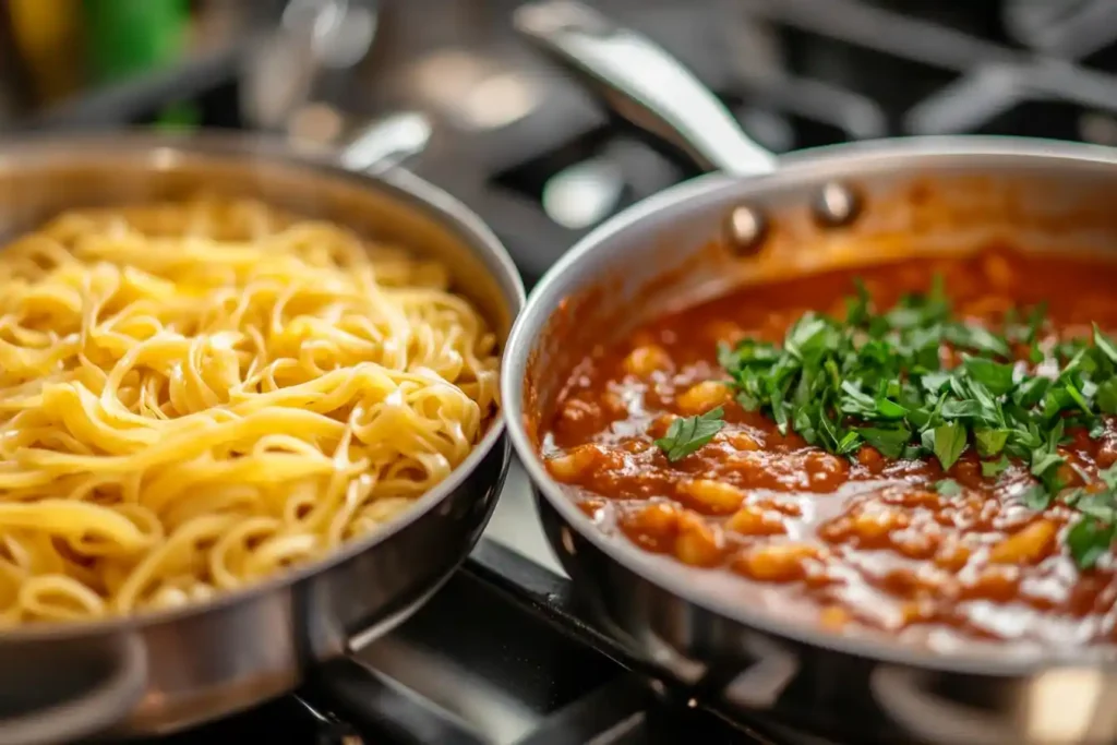 Two pans on a stove: one boiling gluten-free pasta and the other simmering Beefaroni sauce with fresh herbs.