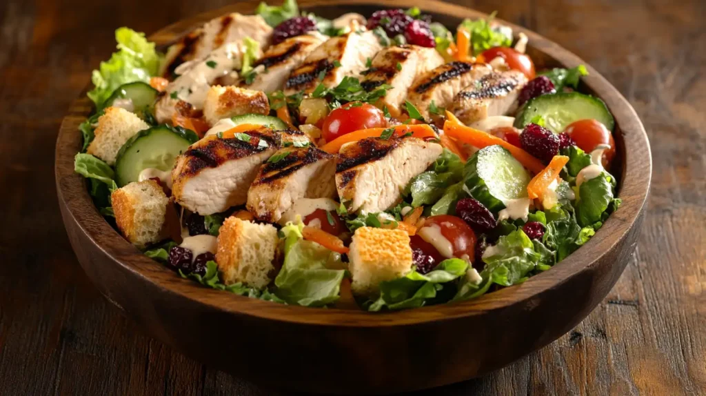 A vibrant and appetizing chicken salad beautifully presented in a rustic wooden bow