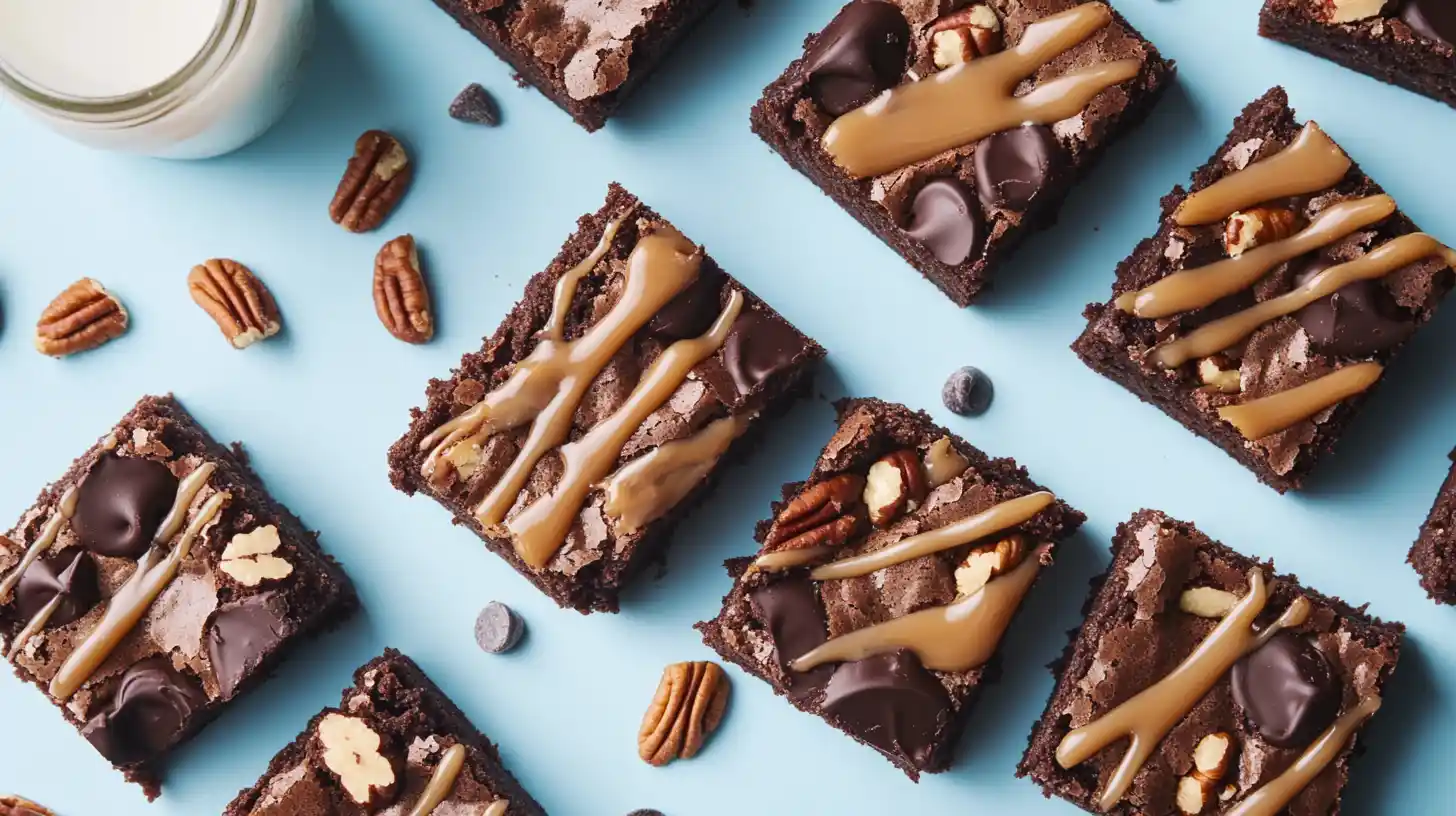 A colorful flat lay of brownies with various mix-ins like chocolate chips, pecans, and caramel drizzles placed alongside a carton of milk.