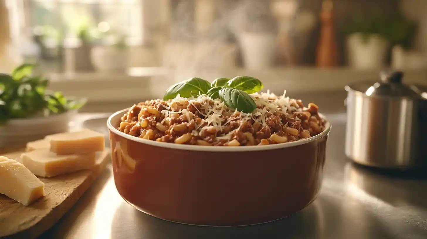 A steaming bowl of Beefaroni topped with grated cheese and fresh basil, set on a farmhouse-style kitchen table.