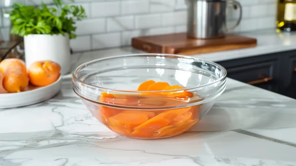 A step-by-step layout of soaking carrots in a clear bowl of water on a kitchen counter.