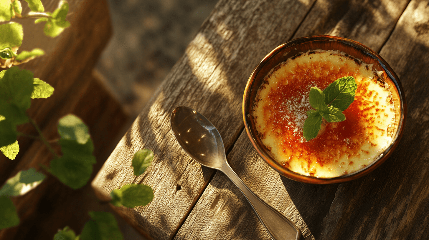 A vibrant pairing scene displaying crème brûlée, and a mint garnish on a rustic wooden table.