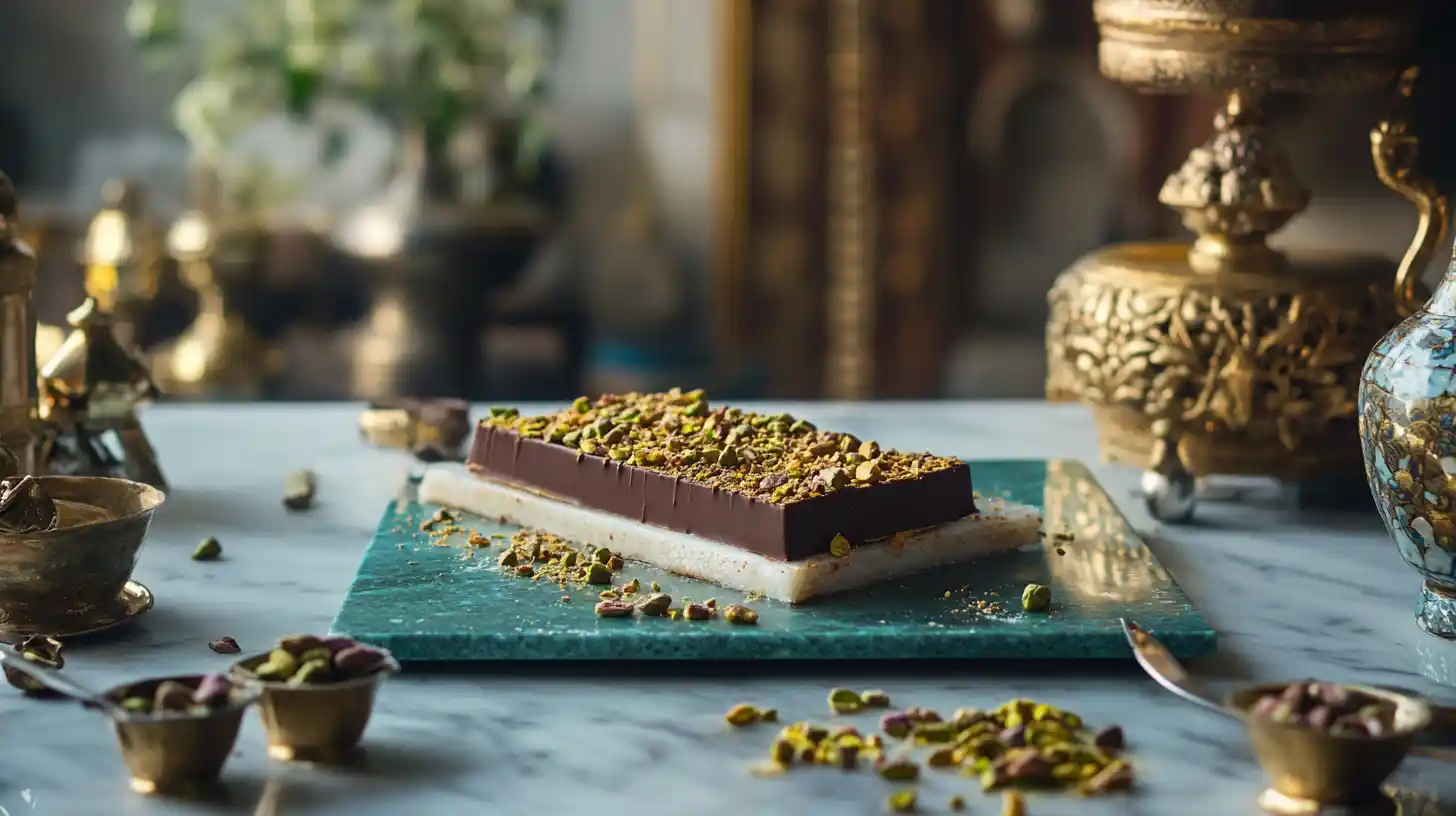 A beautifully staged DIY chocolate bar featuring pistachios and golden knafeh crumbs, placed on a marble surface with a hint of Middle Eastern décor in the backdrop