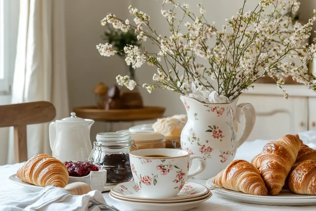 A beautifully styled breakfast table featuring swiss croissant, coffee, jam, and honey