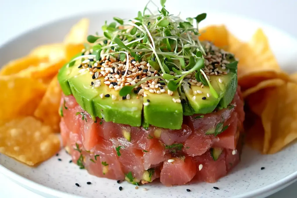 photo of tuna tartare plated with layers of avocado and microgreens, garnished with sesame seeds and served with crispy wonton chips.