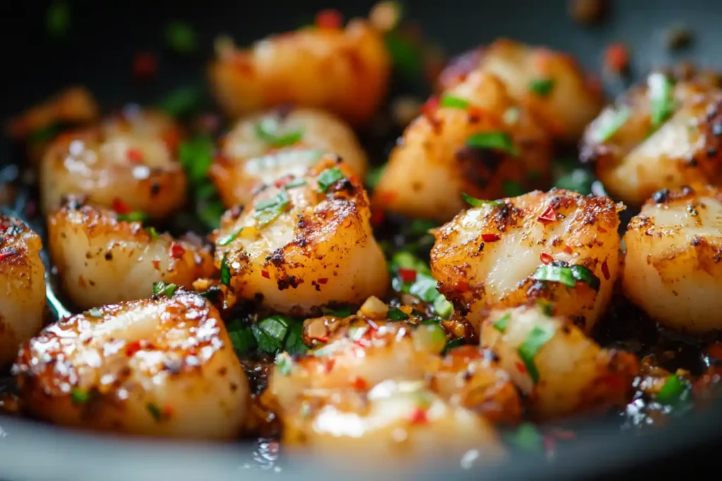 A close-up of buttery seared lobster meat in a skillet with garlic and chili flakes.