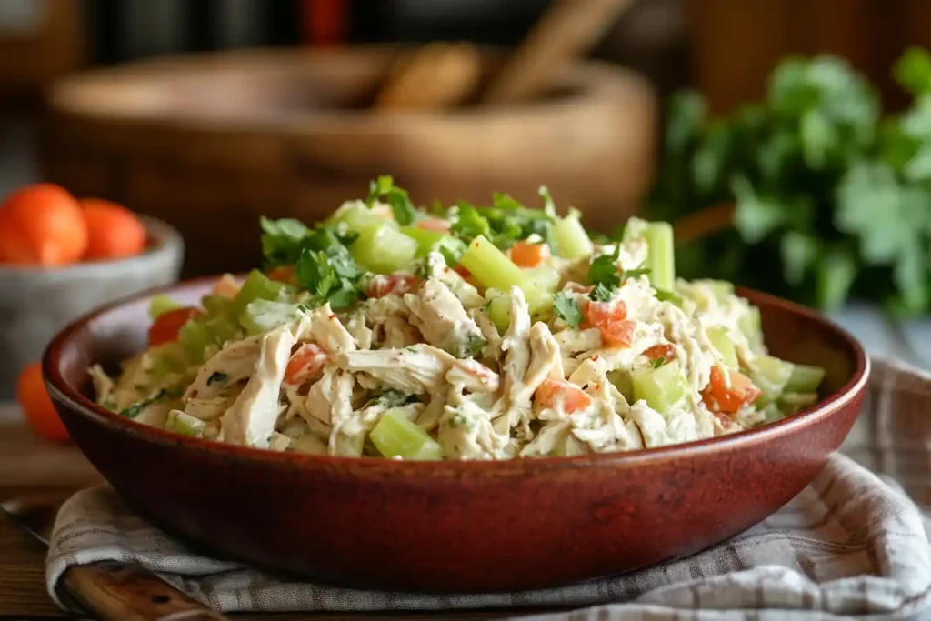 A beautifully plated chicken salad featuring shredded chicken, chopped celery, and creamy dressing, highlighted against a rustic kitchen setup. Use a red border for visual impact.