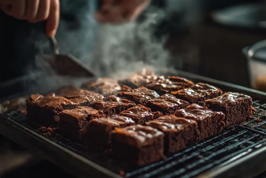 ghirardelli brownie mix recipe: A beautifully baked tray of brownies being sliced, steam still visible. Include a red border around this section in your visuals.