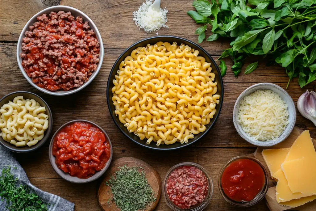 A flat lay of all the essential Beefaroni ingredients displayed on a rustic wooden countertop: macaroni, ground beef, tomato sauce, cheese, and herbs.